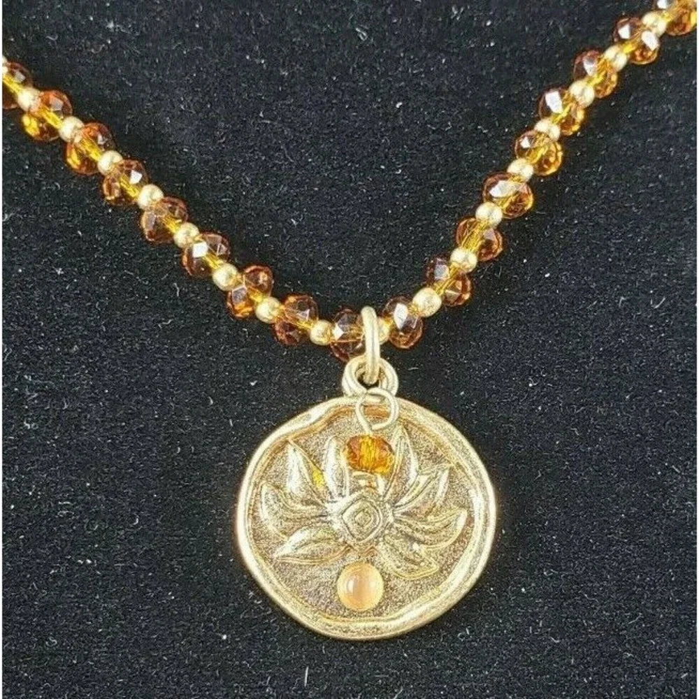 Coldwater Creek Necklace Yellow & Gold Tone Beaded Stamped Floral Pendant 19